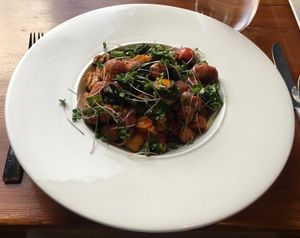 Beet gnocchi with steamed greens at The Juniper Bistro in Banff