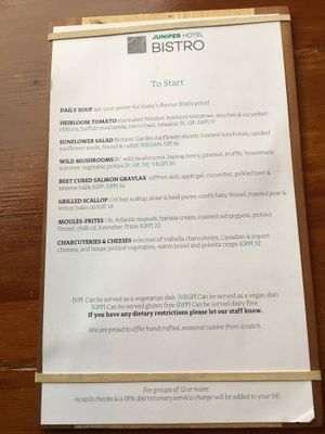 Menu: Appetizers at The Juniper Bistro in Banff