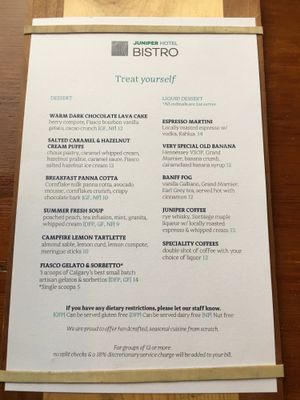 Menu: Desserts at The Juniper Bistro in Banff