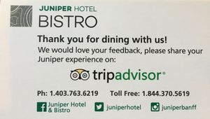Business Card back at The Juniper Bistro in Banff