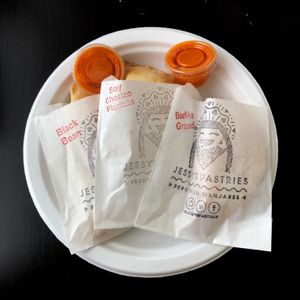 My first three: Black Bean, Soy Chorizo & Plantain, Beefless Ground at Jessy's Pastries in Westbury