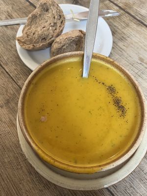 Carrot and Coriander Soup with seeded freshly baked roll    at The Good Earth in Wells
