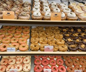 Full trays of donuts at opening time  at Brammibal's Donuts - Potsdamer Platz in Berlin