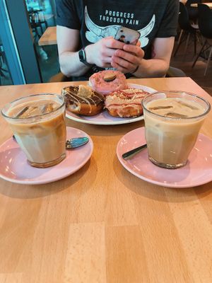 Iced lattes with a selection of doughnuts  at Brammibal's Donuts - Potsdamer Platz in Berlin