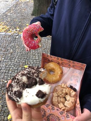 Salted caramel and cookie crunch. The other two I didn’t taste - but my bf Said they were good too at Brammibal's Donuts - Potsdamer Platz in Berlin
