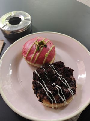 top: pistachio raspberry. bottom: chocolate at Brammibal's Donuts - Potsdamer Platz in Berlin