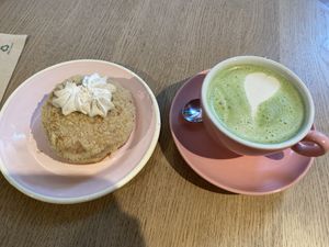 Peach crumble (soo good!) and Matcha latte (also good)  at Brammibal's Donuts - Potsdamer Platz in Berlin