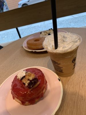 Cherry pie donut and espresso frappe   at Brammibal's Donuts - Potsdamer Platz in Berlin