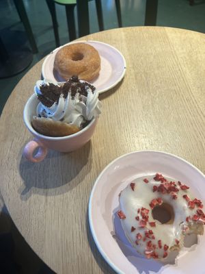 White chocolate & strawberry, cinnamon sugar ring, and donut with Oatly soft serve 💖  at Brammibal's Donuts - Potsdamer Platz in Berlin
