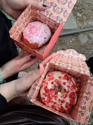 Red Velvet & Strawberry white chocolate donuts at Brammibal's Donuts - Potsdamer Platz in Berlin