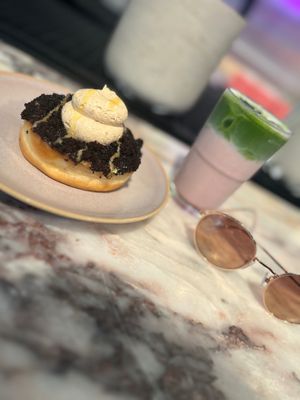 Small strawberry matcha latte and donut at Brammibal's Donuts - Potsdamer Platz in Berlin