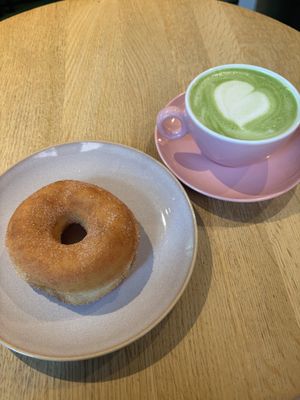 Cinnamon sugar donut and matcha latte  at Brammibal's Donuts - Potsdamer Platz in Berlin