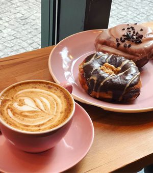 Spiced pumpkin latte and 2 delicious donuts at Brammibal's Donuts - Potsdamer Platz in Berlin