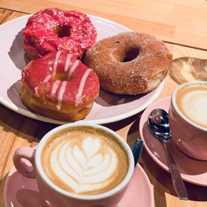 Clockwise: Hibiscus, Cinnamon Sugar and Blackberry Whisky Doughnuts  at Brammibal's Donuts - Potsdamer Platz in Berlin