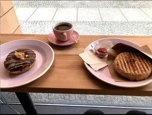 Grilled cheese, donut, coffee at Brammibal's Donuts - Potsdamer Platz in Berlin