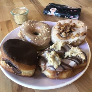 4 different vegan donuts. at Brammibal's Donuts - Potsdamer Platz in Berlin