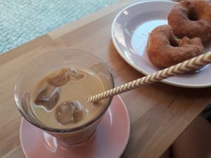 Iced caramel latte and cinnamon doughnuts at Brammibal's Donuts - Potsdamer Platz in Berlin