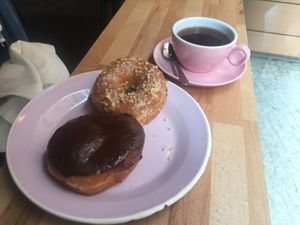 Boston cream and salted caramel hazelnut, filtered coffee at Brammibal's Donuts - Potsdamer Platz in Berlin