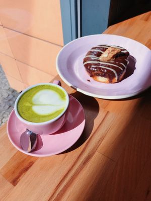 matcha latte and donut  at Brammibal's Donuts - Potsdamer Platz in Berlin