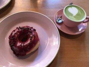 Red current and cacao nibs + matcha latte at Brammibal's Donuts - Potsdamer Platz in Berlin