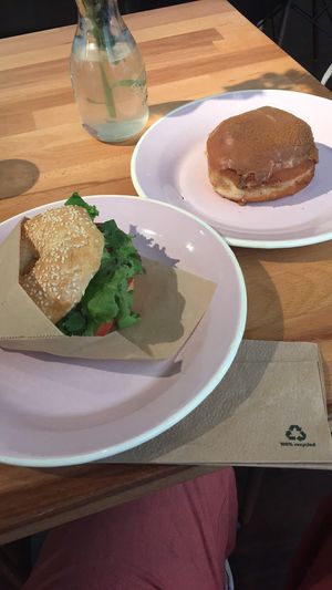homous and pesto bagel and a pumpkin spice stuffed donut at Brammibal's Donuts - Potsdamer Platz in Berlin
