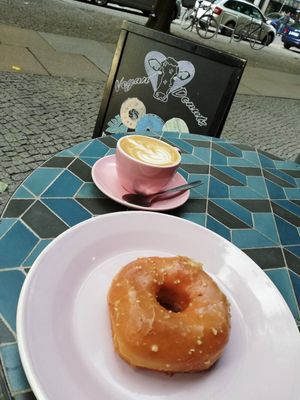 Salted caramel Donut and cappuccino at Brammibal's Donuts - Potsdamer Platz in Berlin