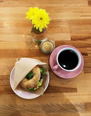 Veganer Bagel mit Kaffee  at Brammibal's Donuts - Potsdamer Platz in Berlin
