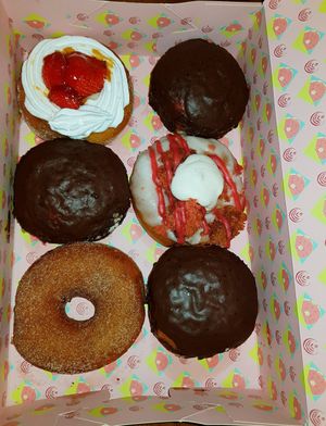 Red velvet, boston cream, cinnamon sugar, strawberries & cream at Brammibal's Donuts - Potsdamer Platz in Berlin