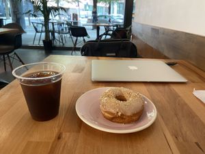 Salted caramel hazelnut donut and iced coffee  at Brammibal's Donuts - Potsdamer Platz in Berlin