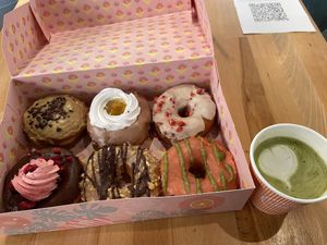 July specials and matcha latte  at Brammibal's Donuts - Potsdamer Platz in Berlin