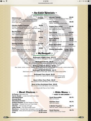 Part of menu at Su Casa in Santa Rosa