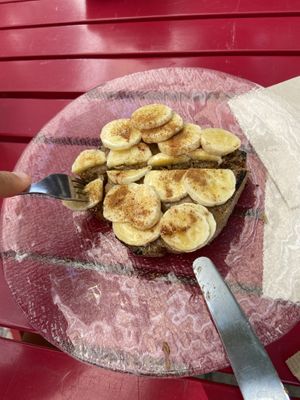 Toast with tahini, banana, cinnamon and agave  at La Tienda Orgánica in Burgos