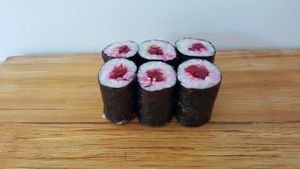 fermented beetroot maki sushi at Sakura Sushi in Auroville