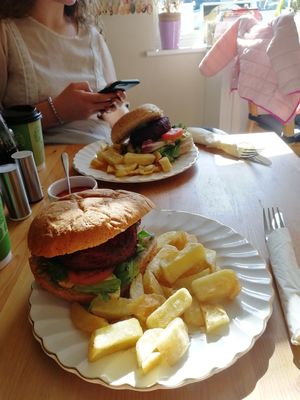 Beetroot burgers with avocado, salad & chips at Rosie Posies in Chorley