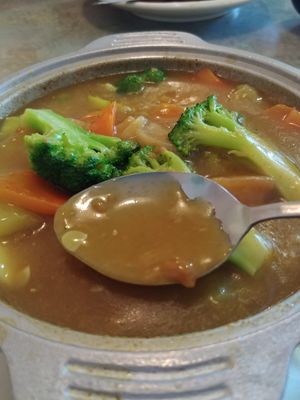 $10.50 Japanese Cury, no soy: it came with a side of brown rice. it was pretty good. I'd get it again at Lotus Vegetarian in Chantilly