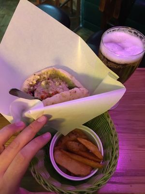 falafel sandwhich, french fries and draft beer  at Falafel Brothers - Ebisu in Tokyo