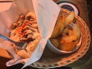 Half size falafel sandwich with fries. Mmm at Falafel Brothers - Ebisu in Tokyo