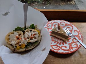 half falafel sandwich with sakusaku and houjicha cake at Falafel Brothers - Ebisu in Tokyo