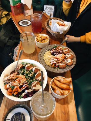 falafel salad bowl, rice bowl, and pita sandwich  at Falafel Brothers - Ebisu in Tokyo
