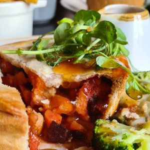 Delicious pie and fat, crispy chips at The Antelope Inn in Lighthorne