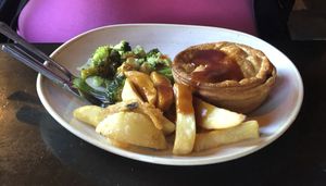 Mushroom & chestnut pie with chips, greens and gravy  at The Antelope Inn in Lighthorne