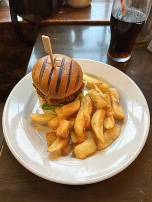 Thai spiced burger and chips   at The Antelope Inn in Lighthorne