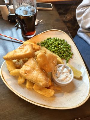 Vegan fish and chips   at The Antelope Inn in Lighthorne