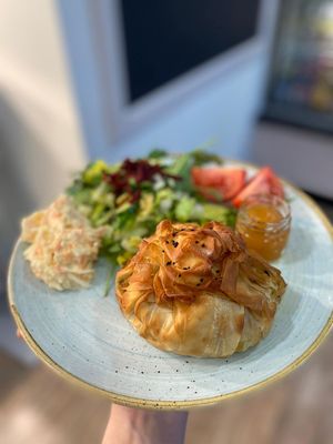 Bombay potato filo parcel served with mango chutney, salad and homemade coleslaw (Vegan) - specials at Perrywood Garden Centre in Inworth