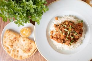 Three bean chilli with rice served with salsa, soured cream and tortilla chips (Vegan, DF & GF) - daily meals at Perrywood Garden Centre in Inworth