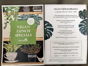 Vegan lunch specials 18th October 2019 at Perrywood Garden Centre in Inworth
