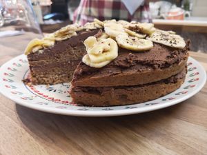 Vegan friendly bananna cake topped with peanut butter and chocolate butter cream! at Jacksonwood Vintage Tea Room in Isle Of Sheppey