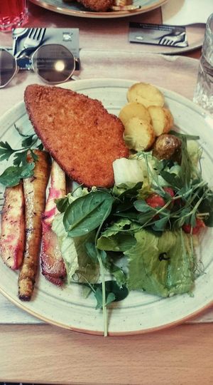 Vegan Schnitzel with potatoes and salad at Skäralids in Ljungbyhed