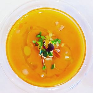 Cold salmorejo soup made with local tomatoes at Casino Gaditano in Cadiz