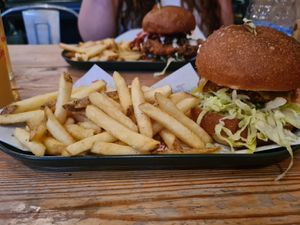"No clucks given" vegan chicken burger and fries at Tiny Rebel in Cardiff